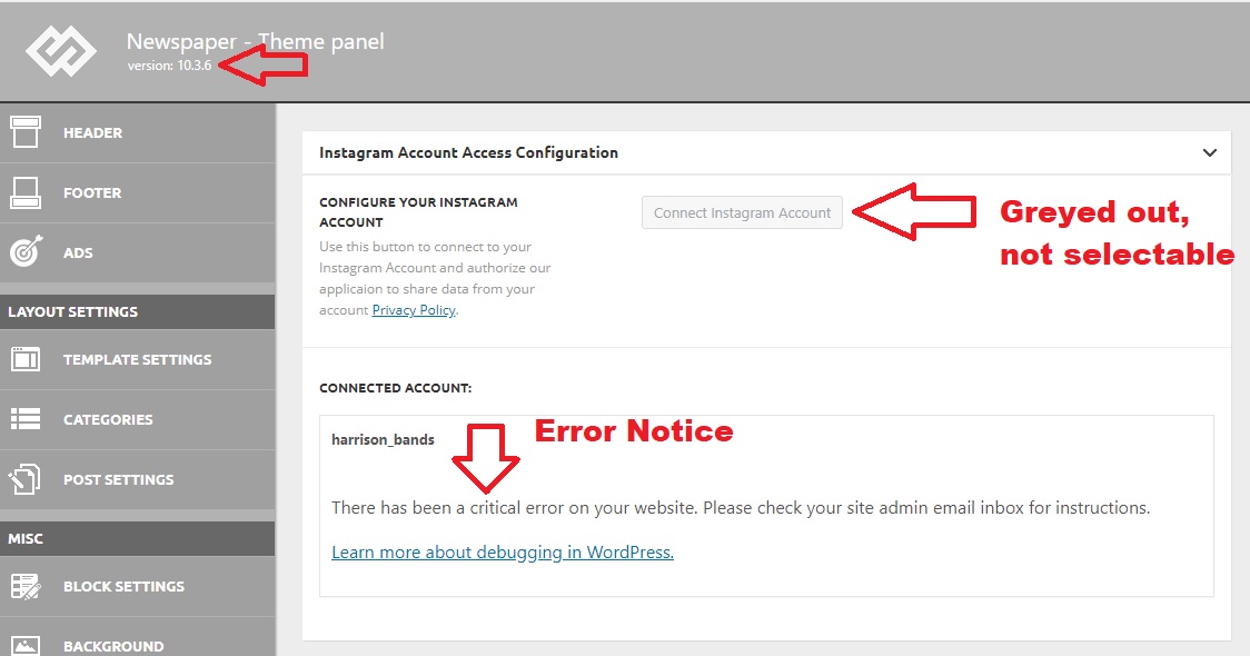 10.3.6 Theme Panel, Instagram Account access not accessible.  Notice of error.
